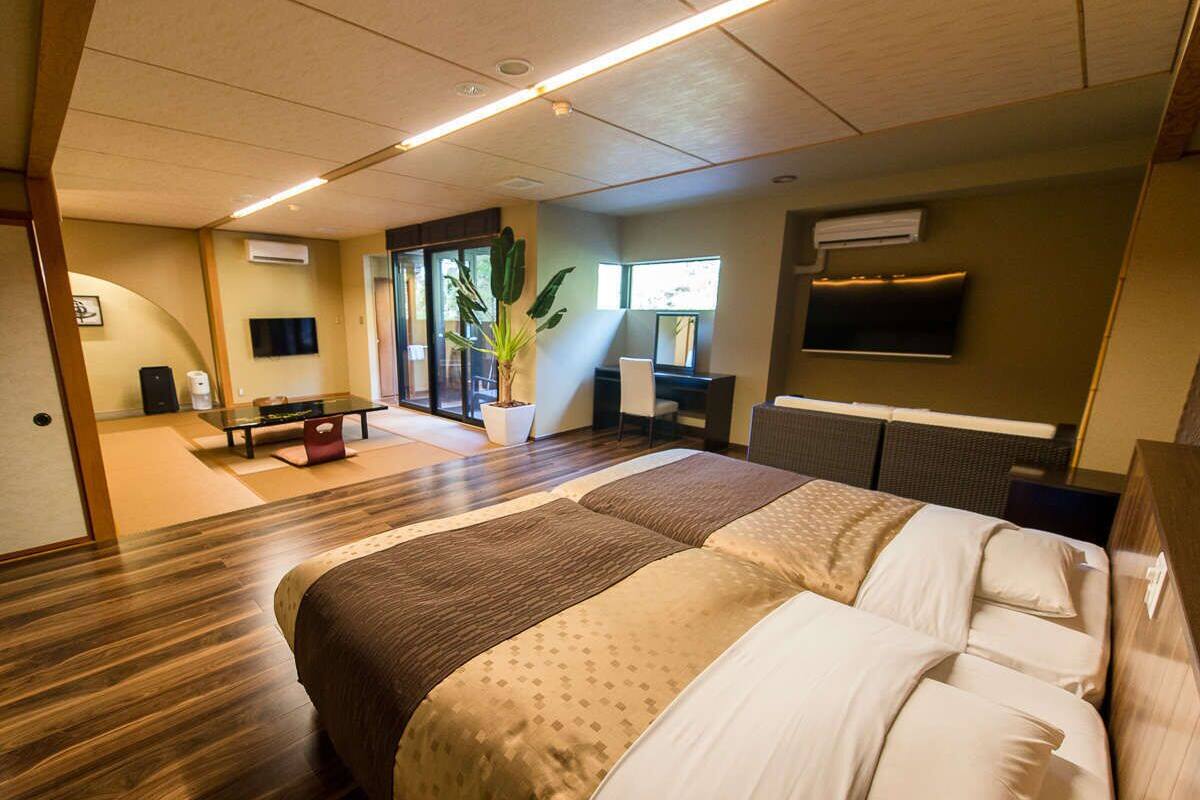 A hotel room with a large bed, a desk, a chair, a potted plant, and a television.