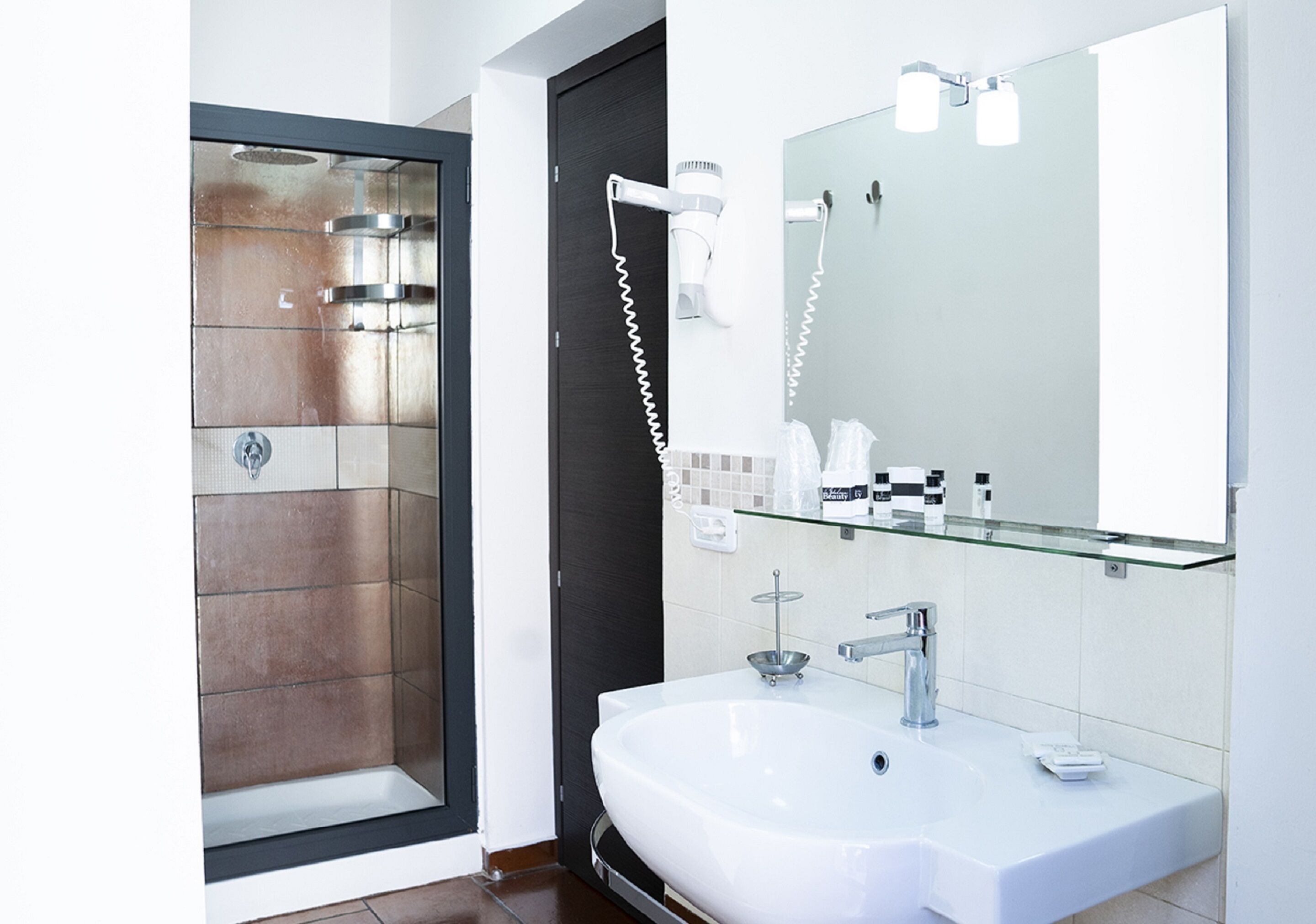 A modern bathroom with a glass shower enclosure, a white sink, and a large mirror.