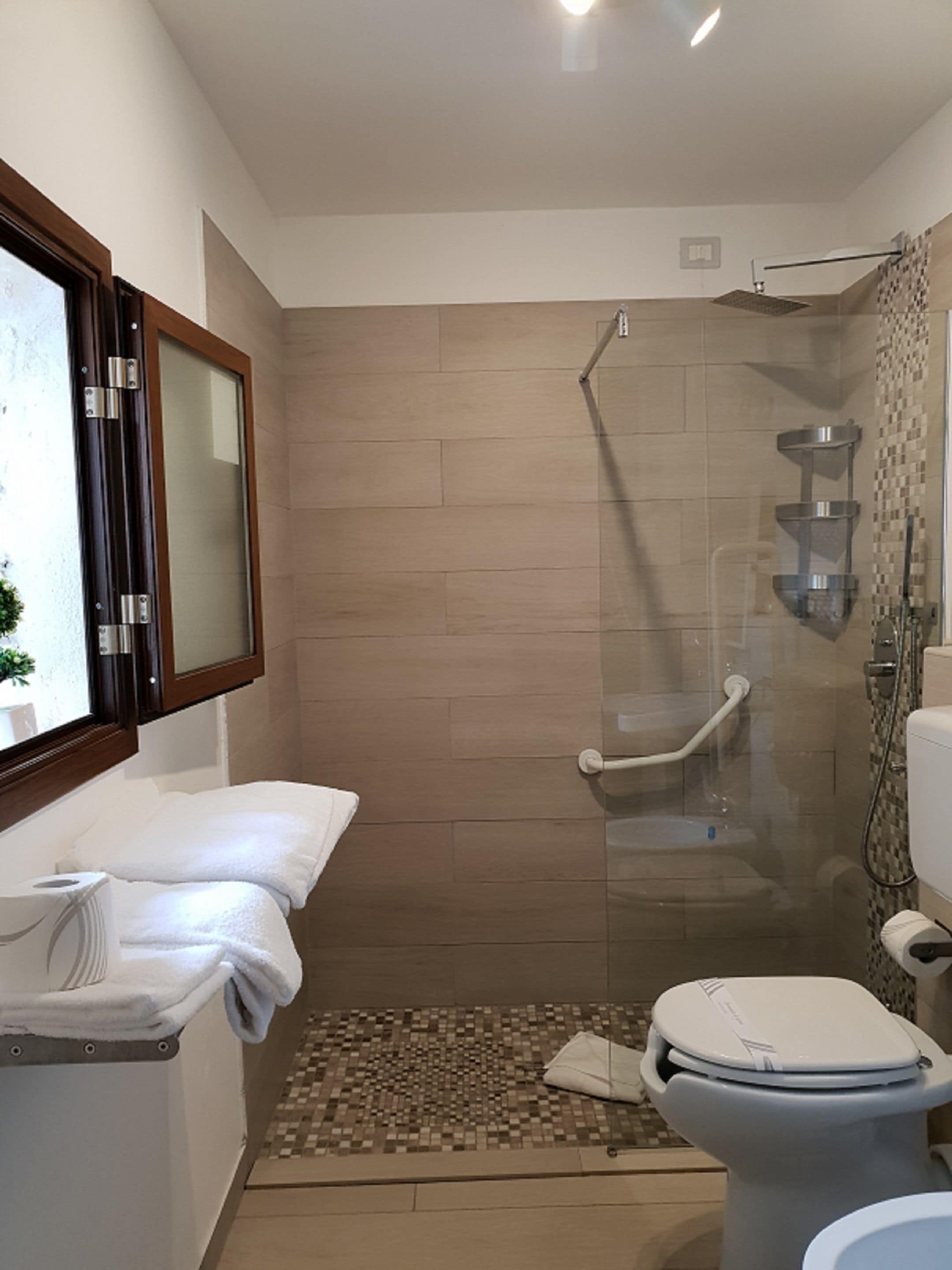 A modern bathroom with a walk-in shower, a toilet, and a sink.