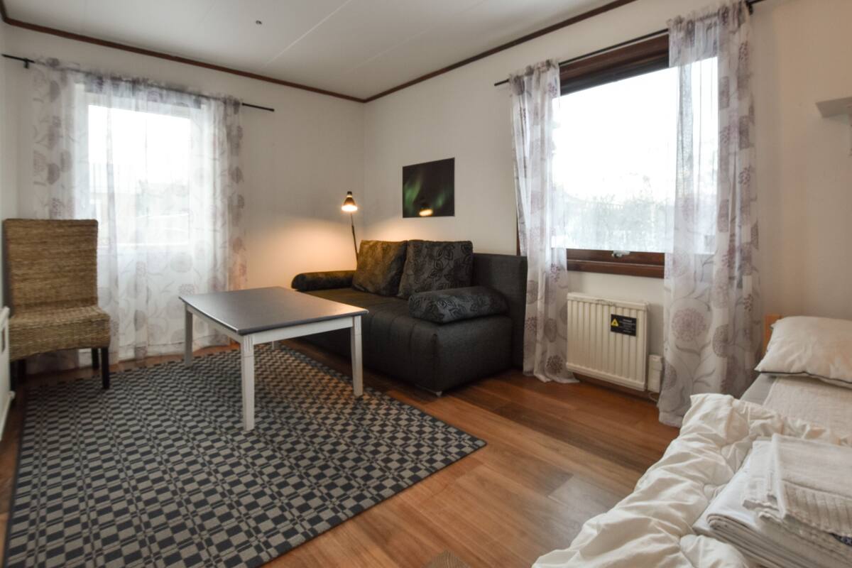 Ein gemütliches Zimmer mit einem Bett, einem Schlafsofa, einem Sessel, einem Tisch und einem gemusterten Teppich.
