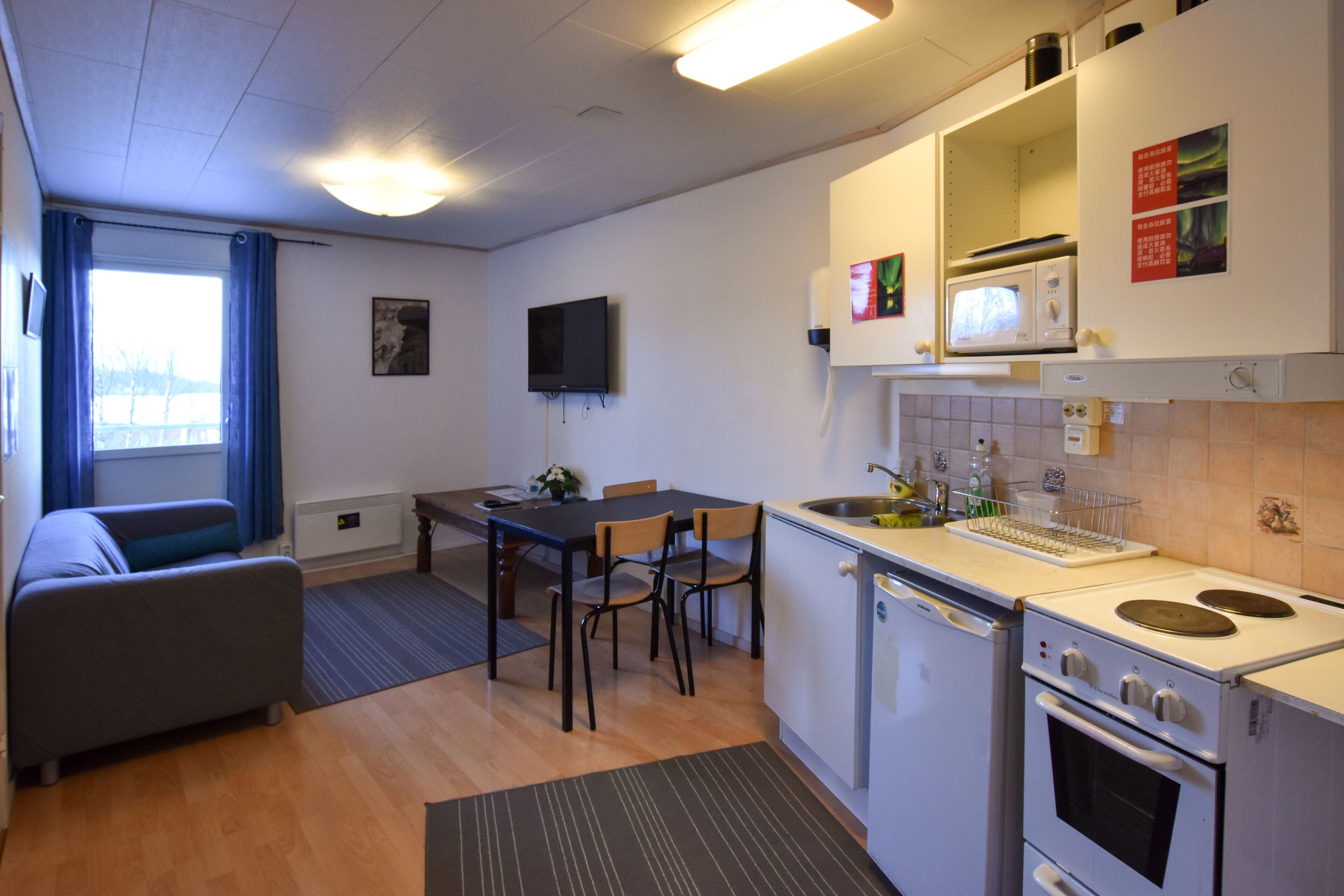 A compact living space with a kitchenette, a dining area, and a sofa.