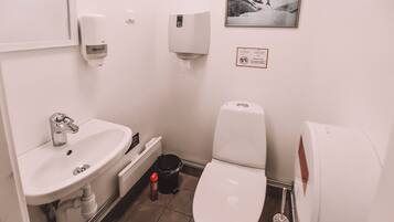 A small, clean bathroom with a sink, toilet, and hand dryer.