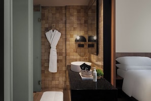 Hair dryer, bathrobes, slippers, towels
