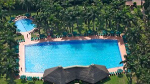 Una piscina rectangular grande rodeada de palmeras y sillas de descanso.