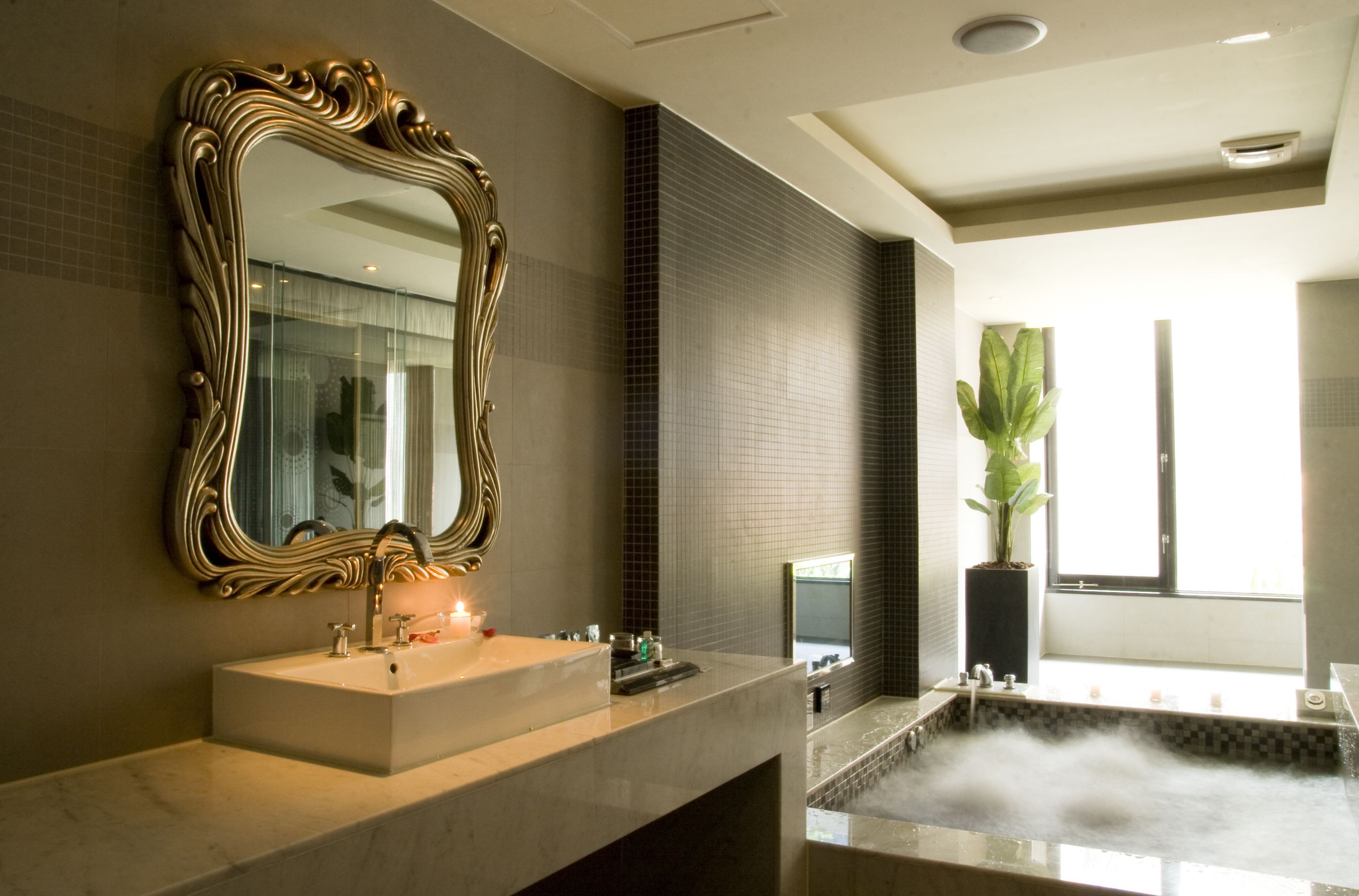 A modern bathroom with a large ornate mirror, a white sink, a bathtub, and a potted plant.