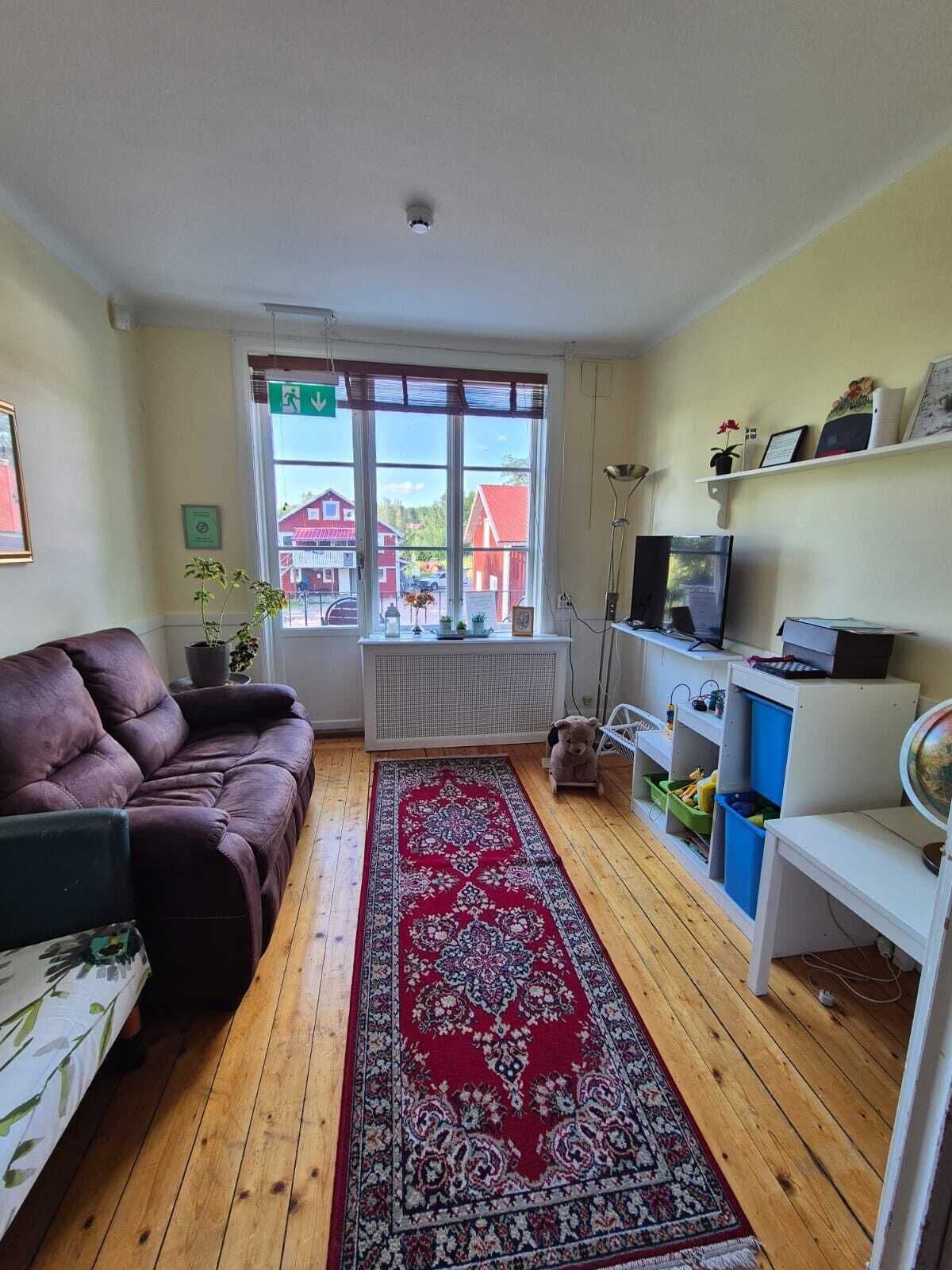 A cozy living room with a purple sofa, a red patterned rug, and a television on a white stand.