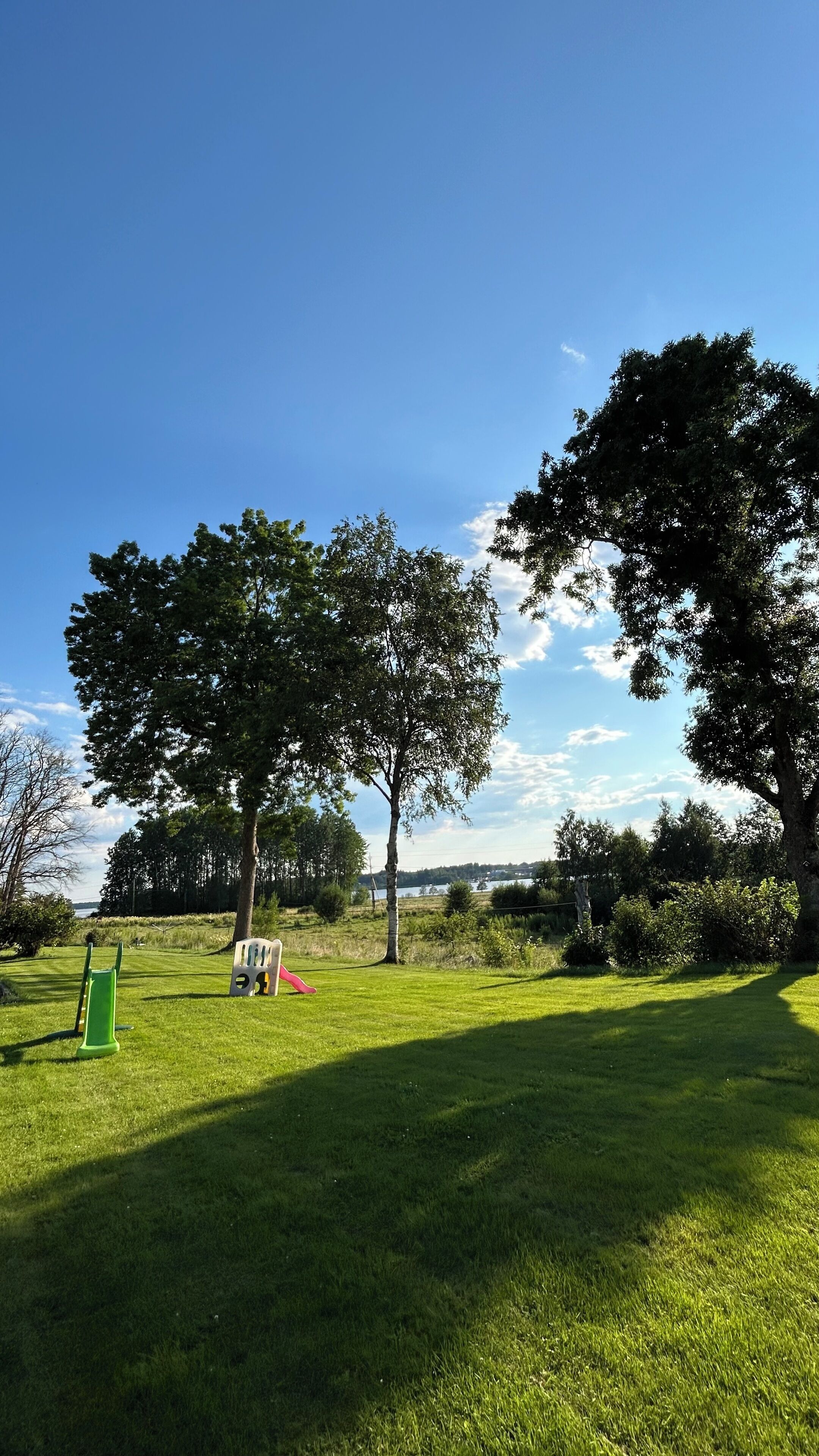 A park with green grass, trees, and playground equipment.