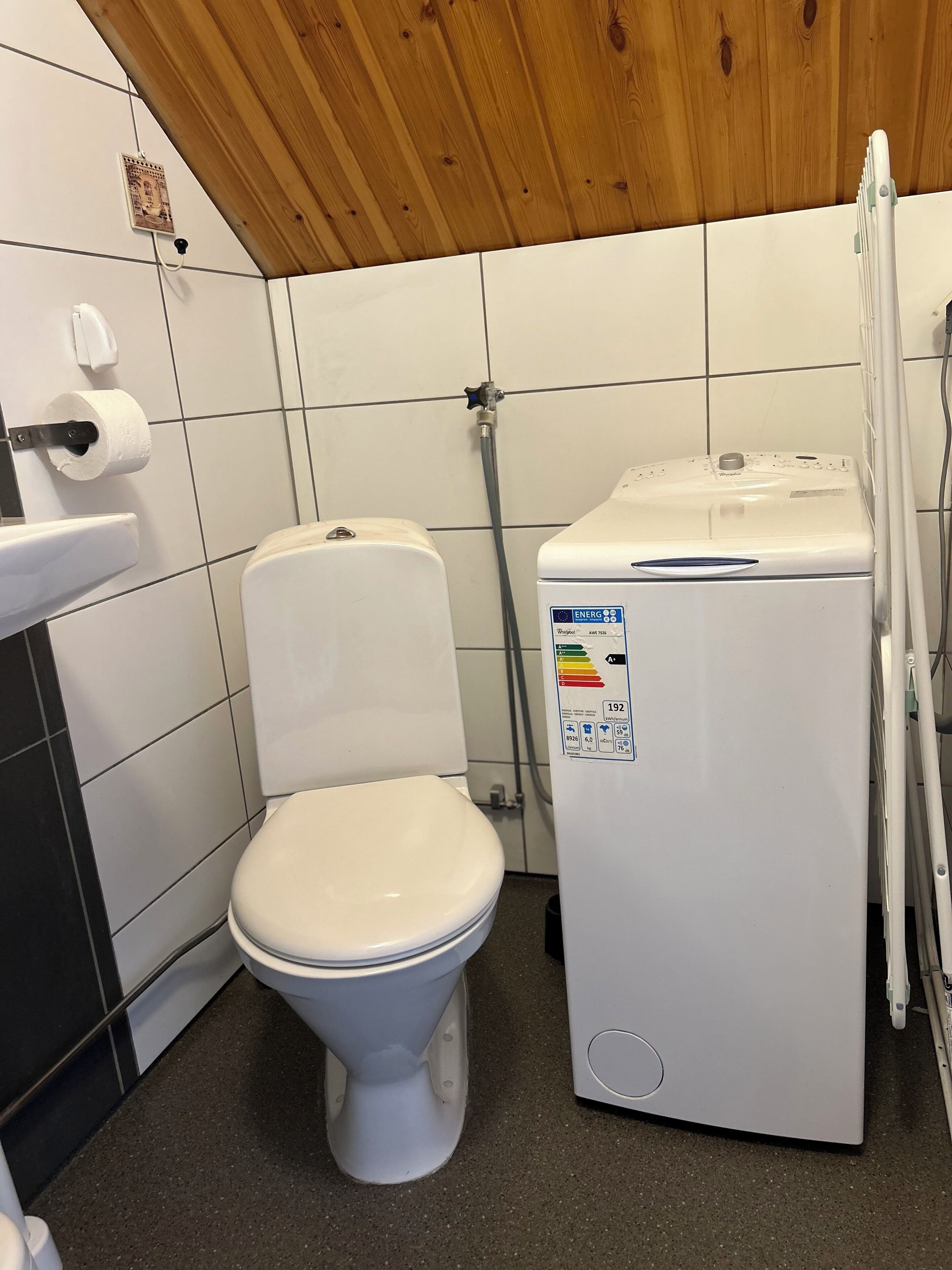 A small bathroom with a toilet, a white sink, and a white washing machine.