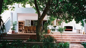 Un patio con un árbol, plantas en macetas y sillas de mimbre.