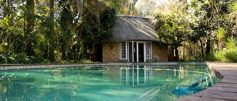 Piscine extérieure, chaises longues