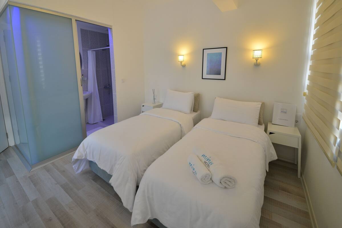 Habitación de hotel con dos camas, ducha y un cuadro en la pared.