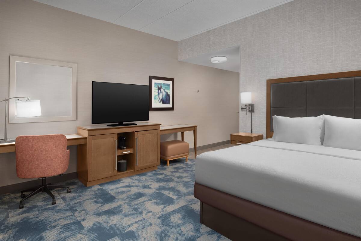 A hotel room with a bed, desk, chair, television, and artwork on the wall.