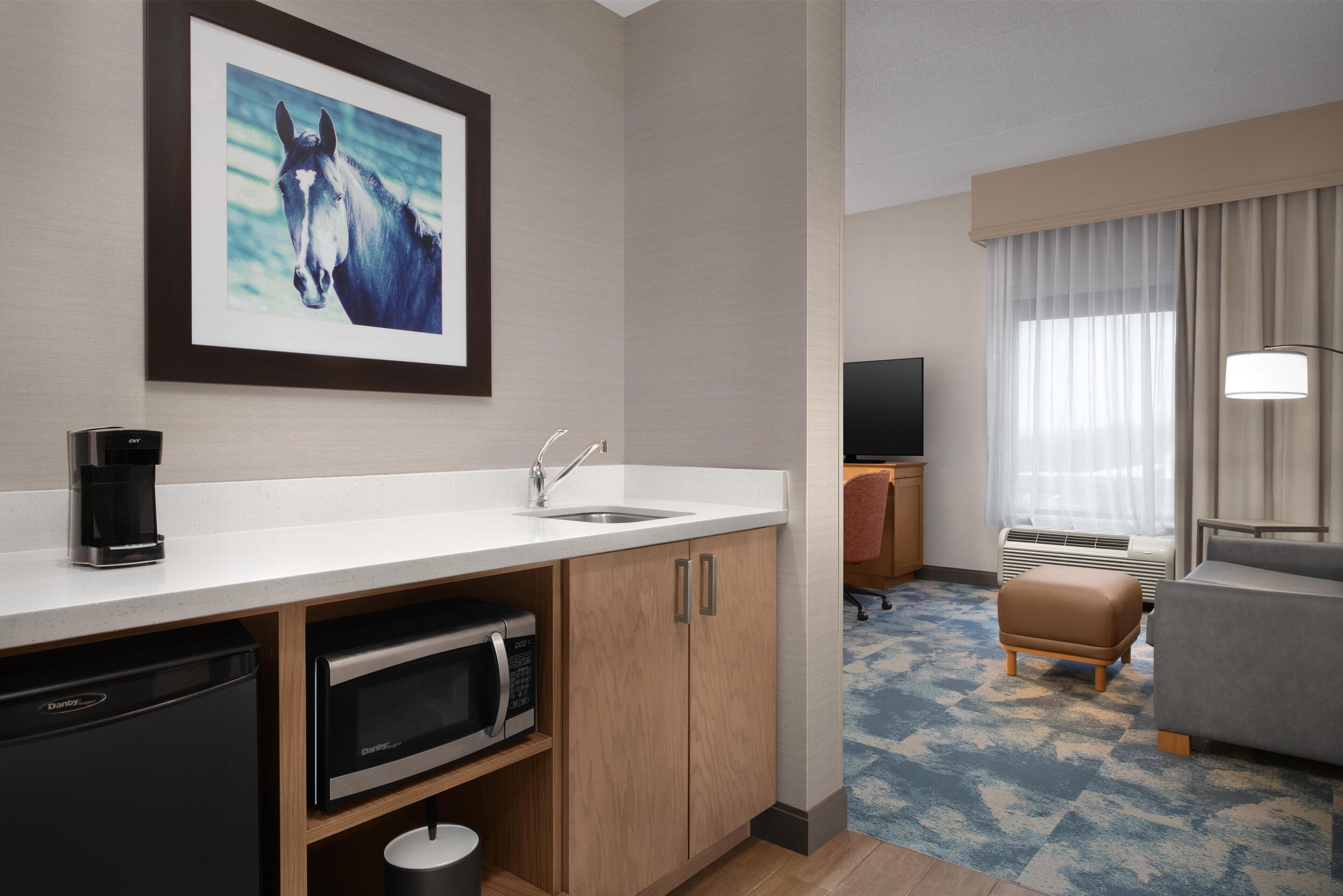 Habitación de hotel con kitchenette, televisor montado, sofá y ventana con cortinas.