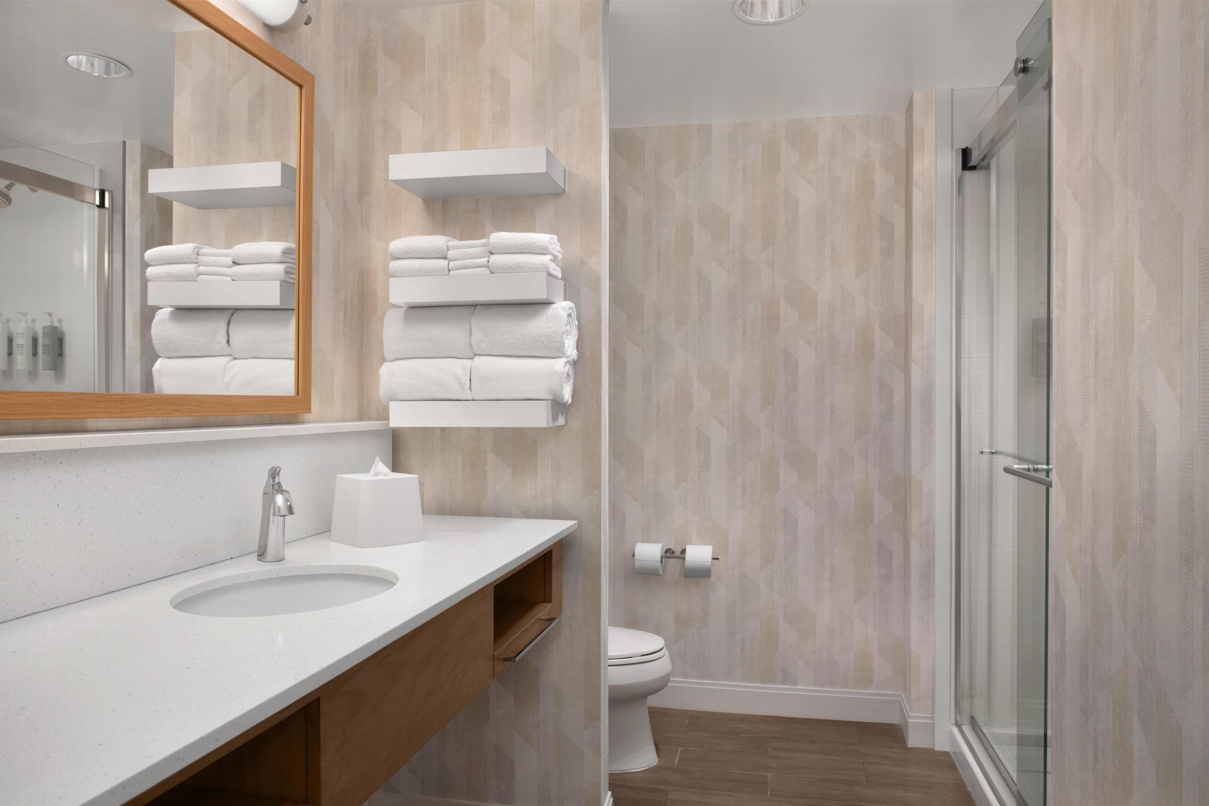 A modern bathroom with a sink, mirror, towel racks, toilet, and glass shower enclosure.