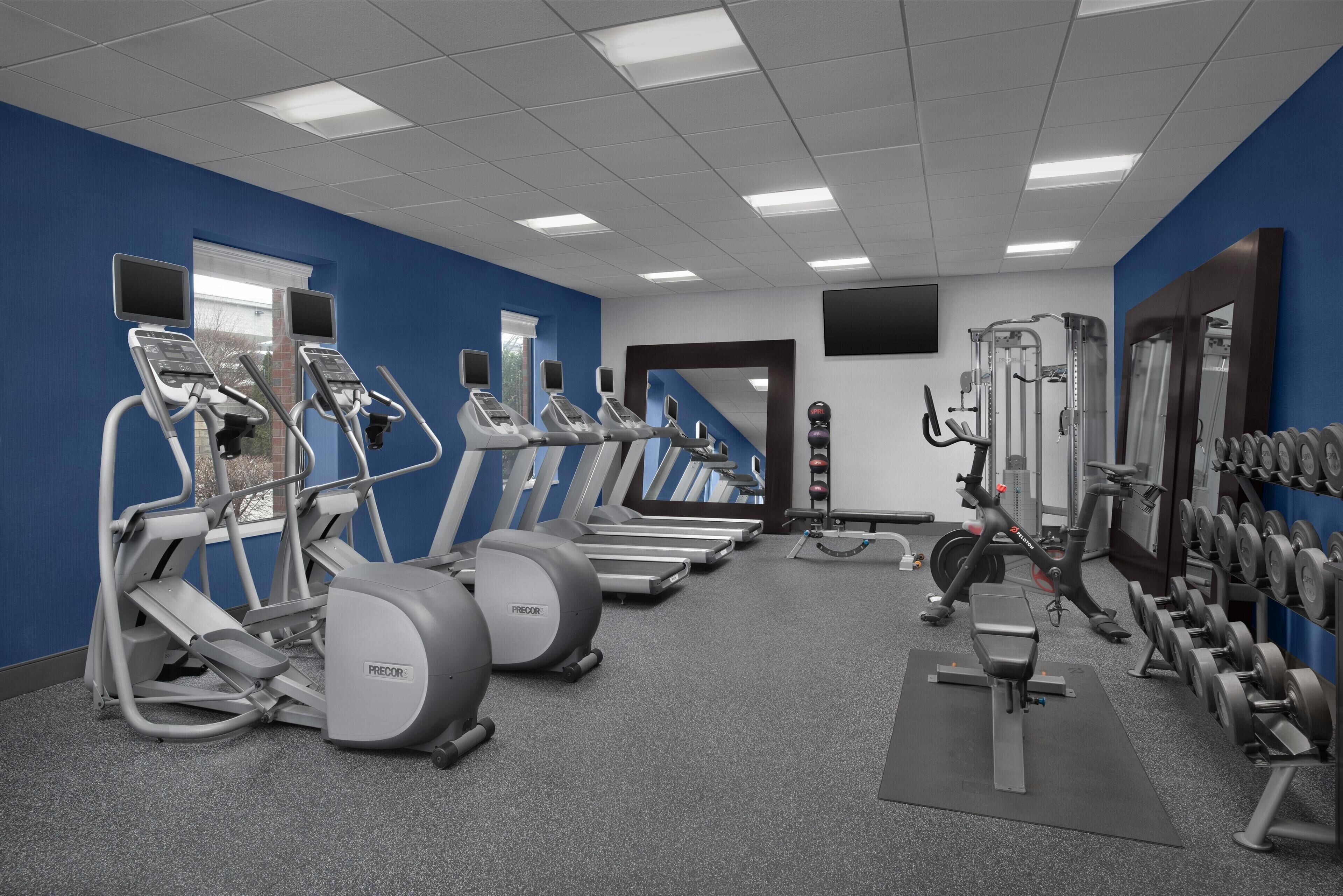 A gym with treadmills, ellipticals, and free weights.