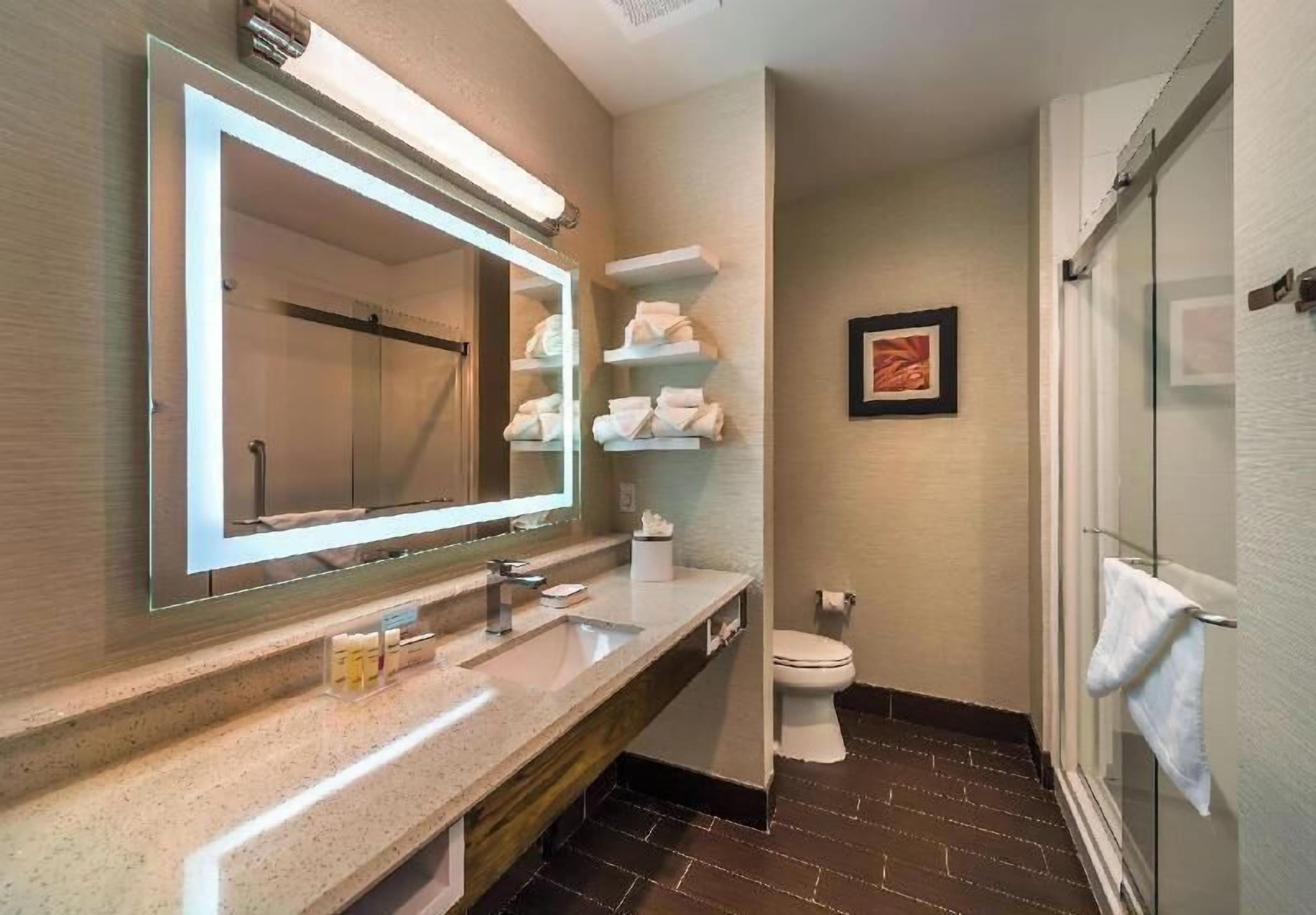 Combined shower/bathtub, hair dryer, towels