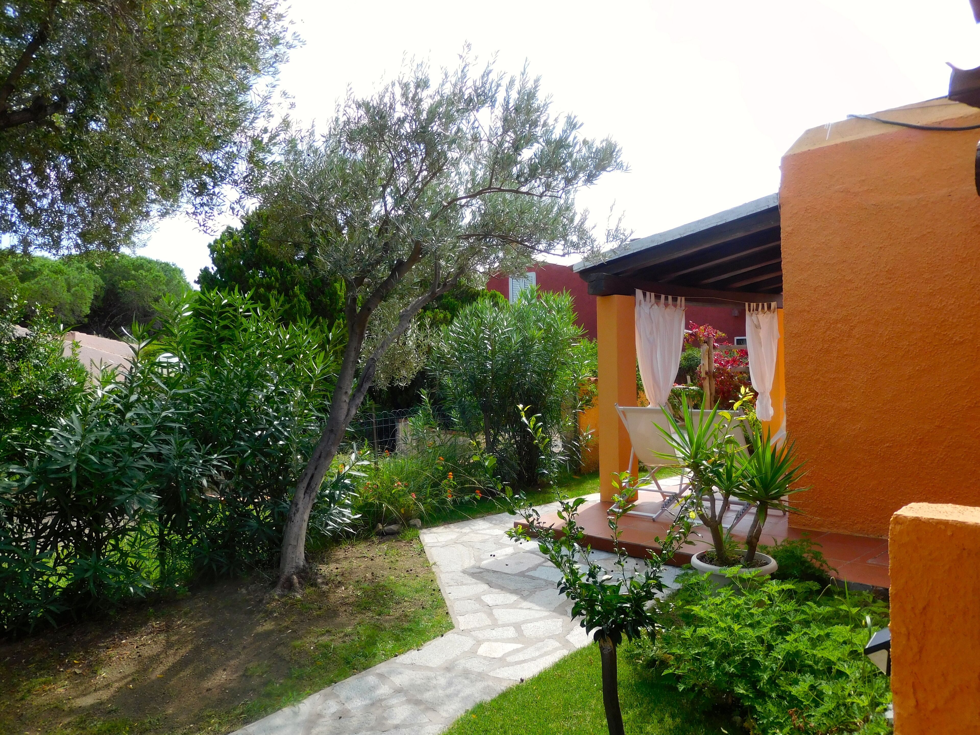 A garden with a stone pathway leading to a covered seating area.