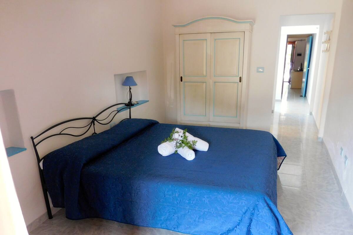 A neatly made bed with a blue bedspread and a decorative pillow, a bedside table with a lamp, and a large wardrobe with a light blue trim.