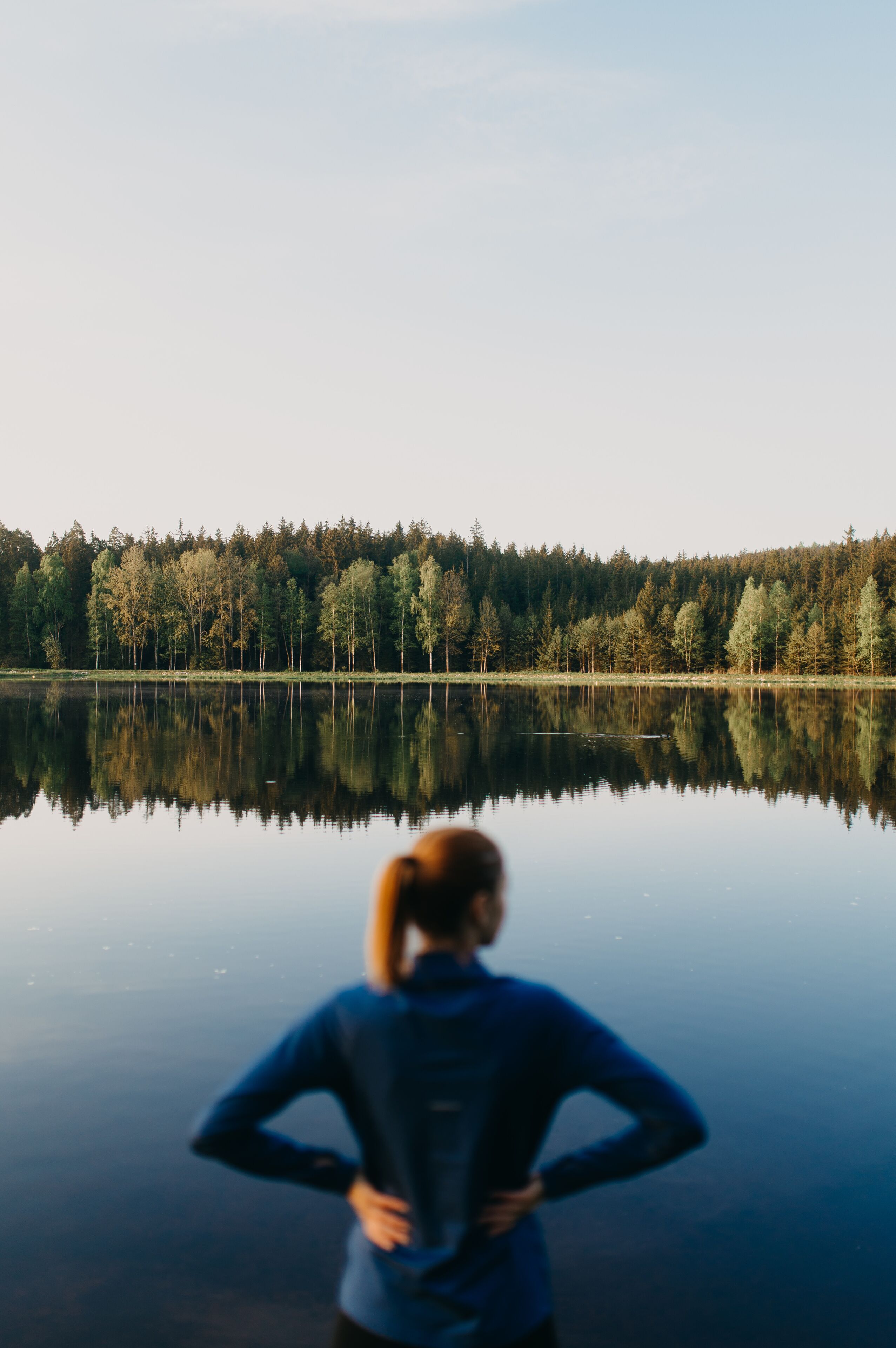 Una persona de pie junto a un lago tranquilo con un bosque al fondo.