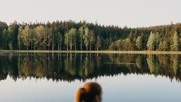 Una persona de pie junto a un lago tranquilo con un bosque al fondo.
