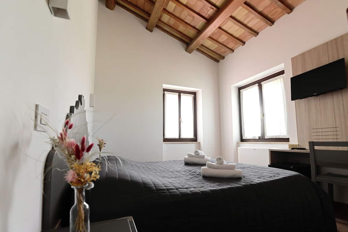 A bedroom with a bed, two windows, a TV, and a desk.