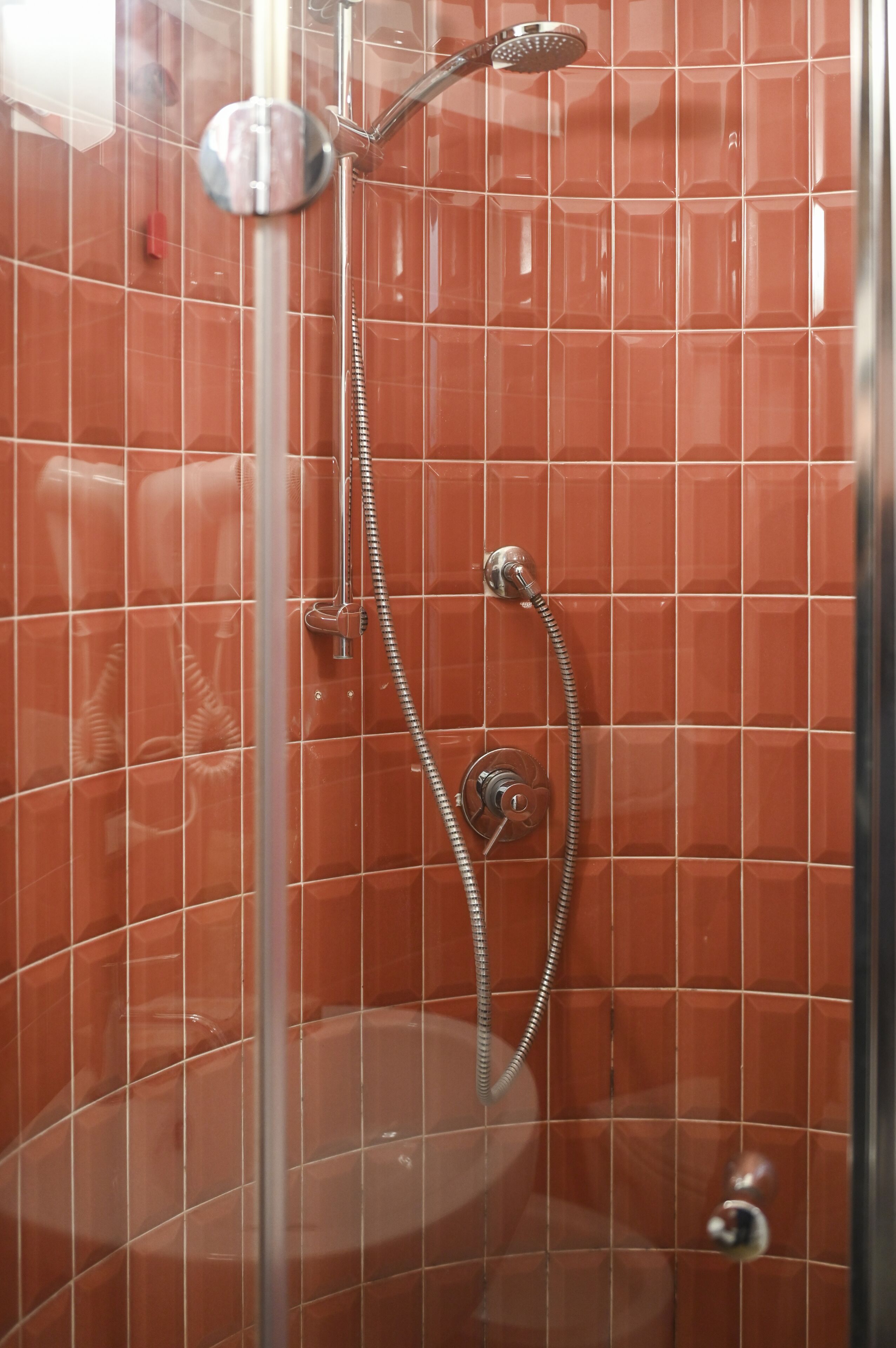 Una ducha con cabezal de ducha manual y otro cabezal fijo en la pared.