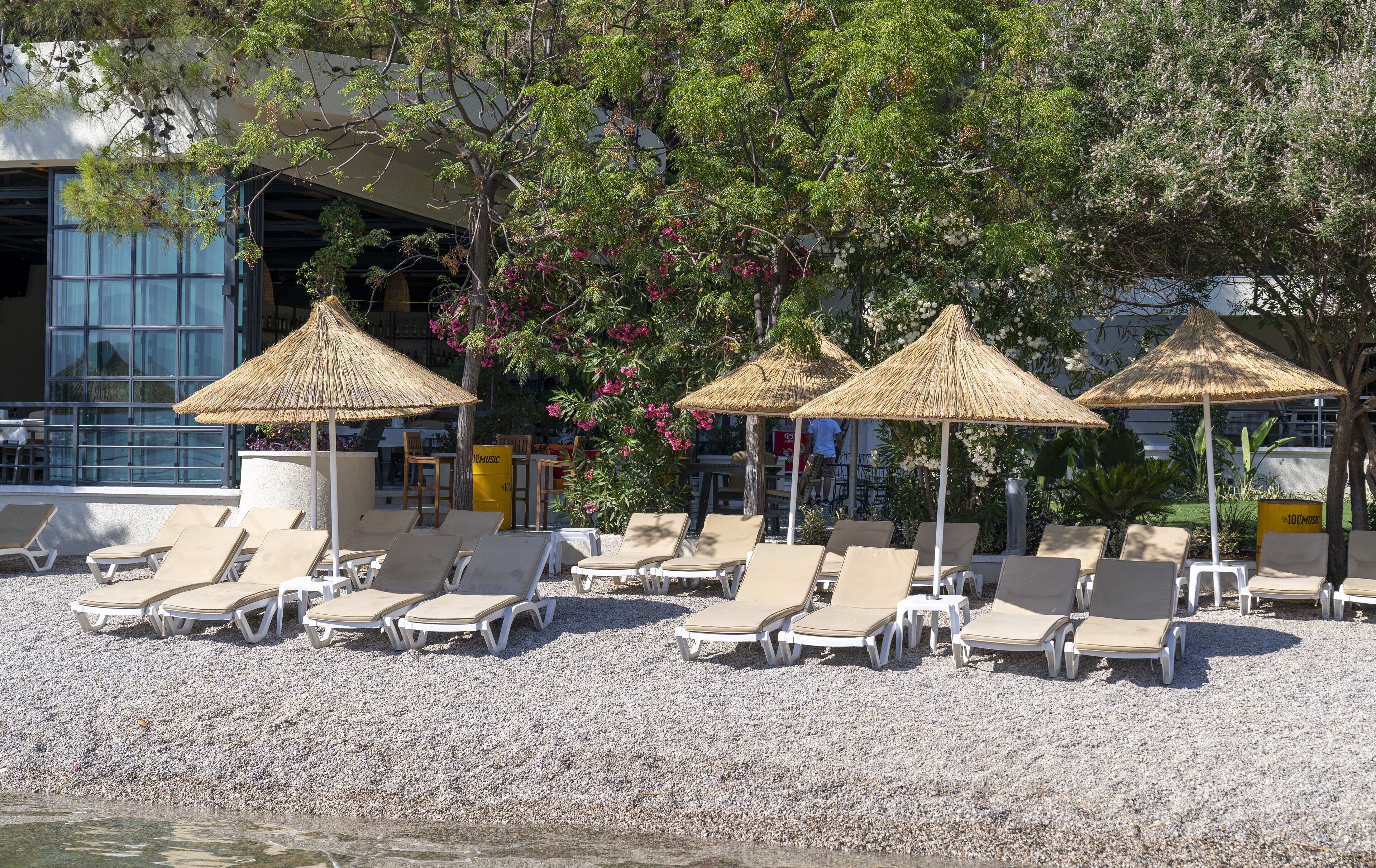 A beachside lounge area with sun loungers and thatched umbrellas, surrounded by pebbles and trees.
