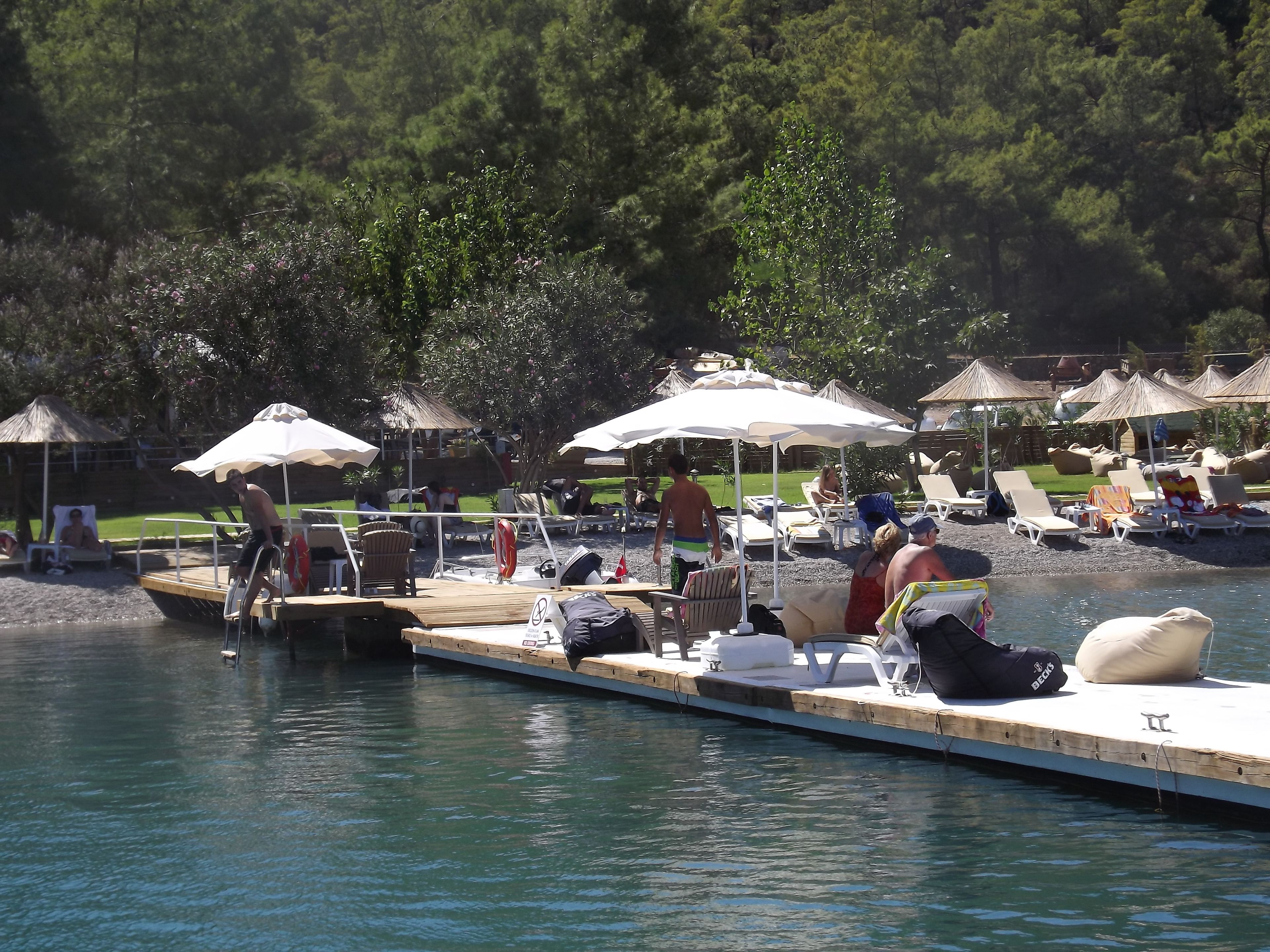 Un molo di legno con poltrona relax e ombrelloni, una piscina e uno sfondo boschivo.