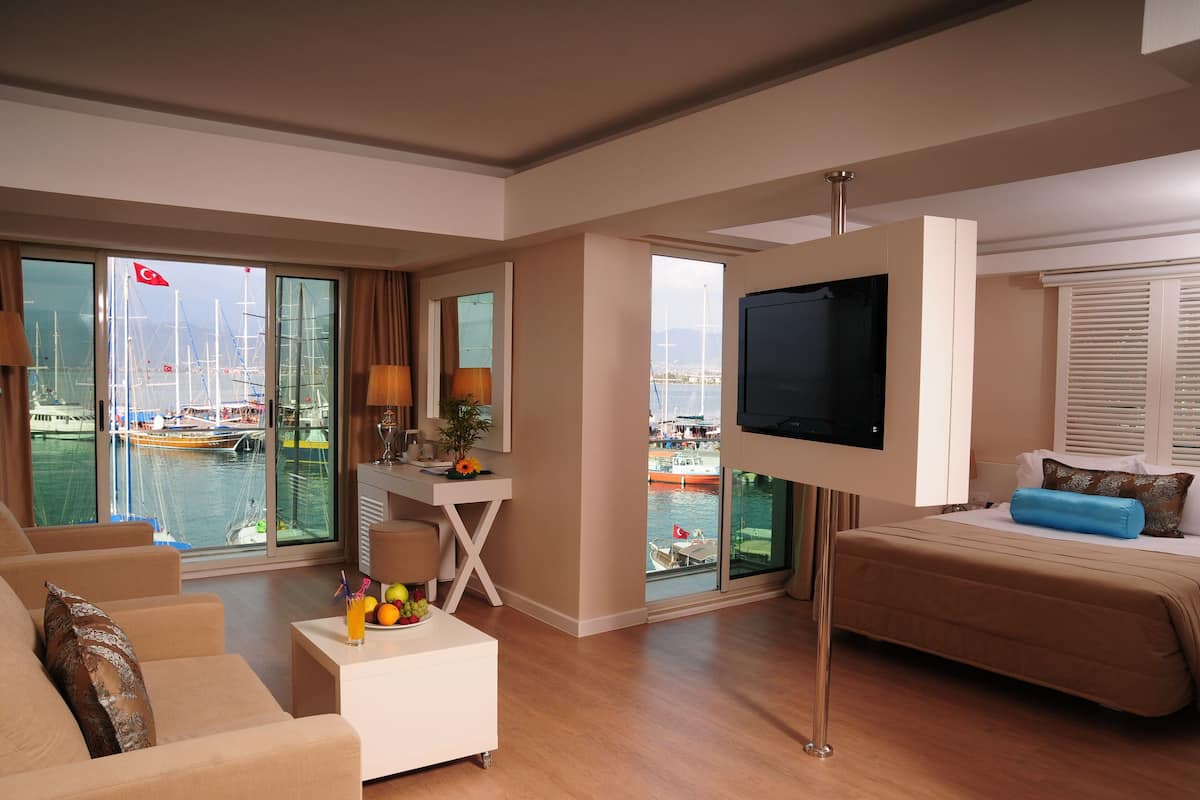 A hotel room with a bed, a TV, a desk with a lamp, a coffee table with fruit, and large windows with a view of boats and water.