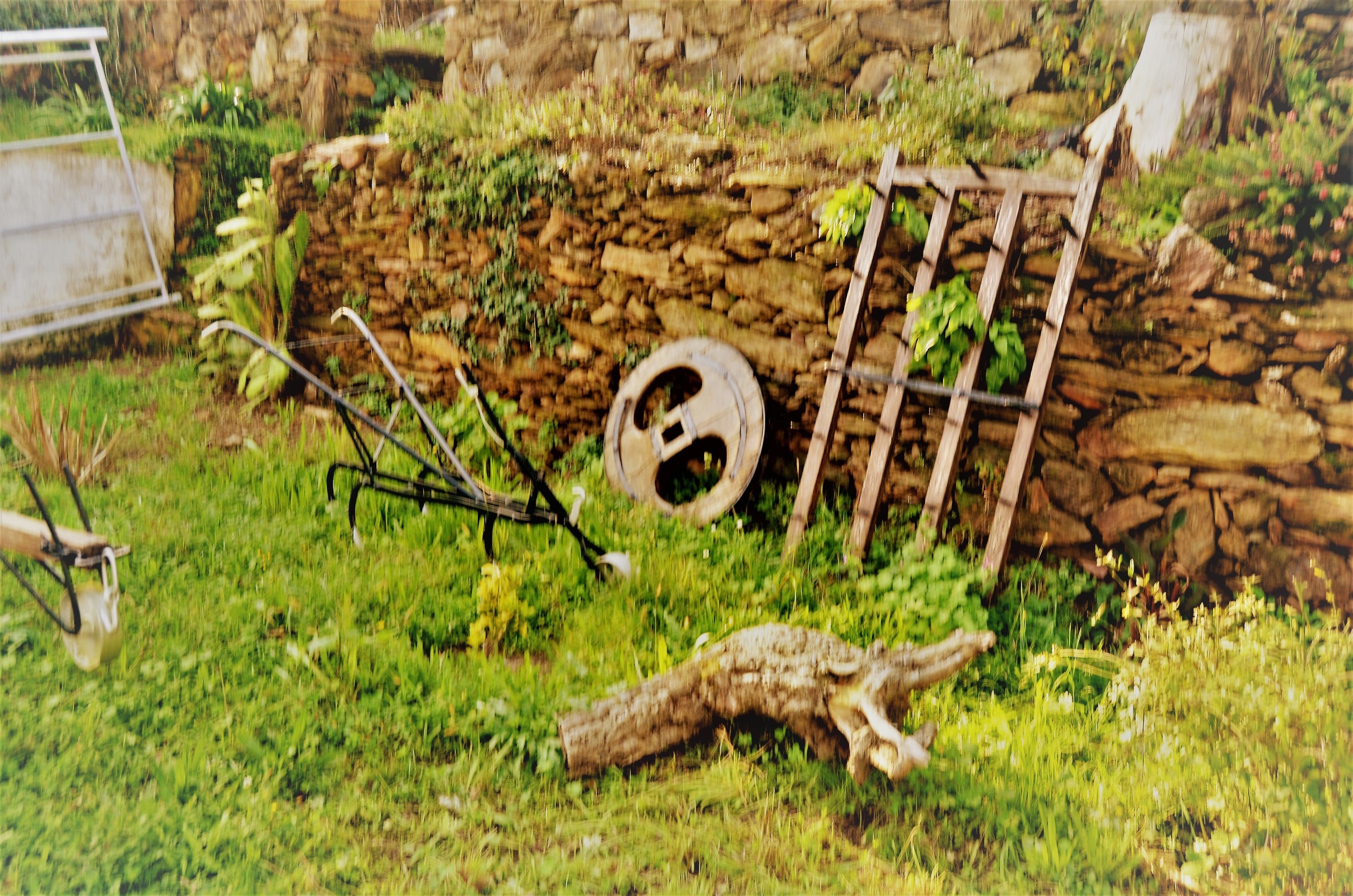 A stone wall with a wooden ladder leaning against it, a circular object on the ground, and a metal frame structure.