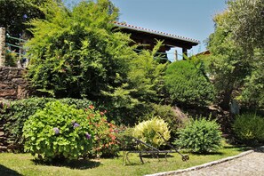 A garden with various plants and a stone wall. - Quintinha D' Arga (Caminha)