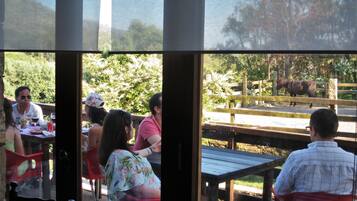 An outdoor seating area with tables and chairs, a wooden deck, and a horse enclosure visible through the window.