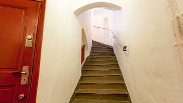 A wooden staircase with a metal handrail, leading to an arched doorway.