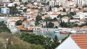 A coastal town with a marina, featuring a variety of boats and yachts docked.