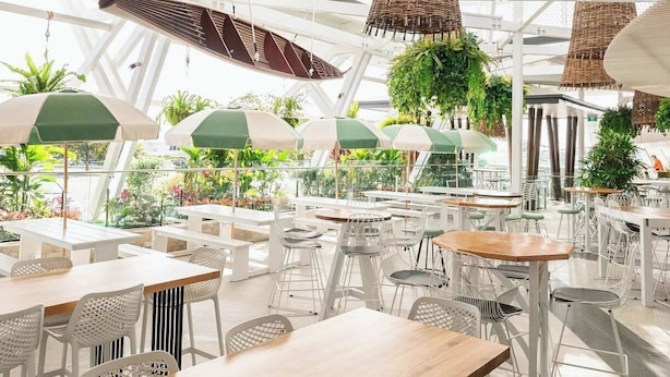 Un comedor interior con mesas y sillas, grandes sombrillas y plantas colgantes.