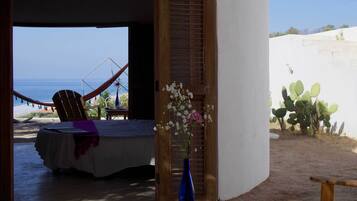 Un dormitorio con vista a la playa, una hamaca y una planta de cactus.