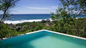 Vista despejada de una piscina con vistas al océano y vegetación circundante.