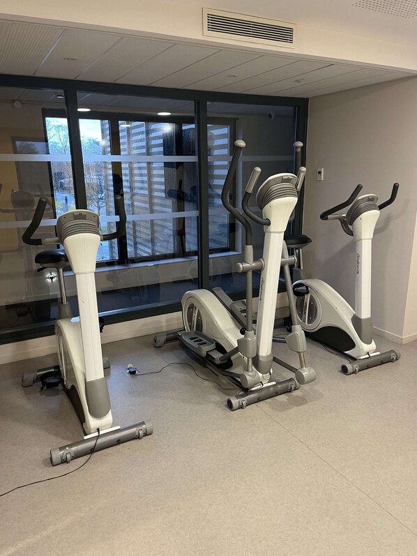 Een fitnessruimte met loopbanden en elliptische trainers, grote ramen en een zichtbaar stadsgezicht.