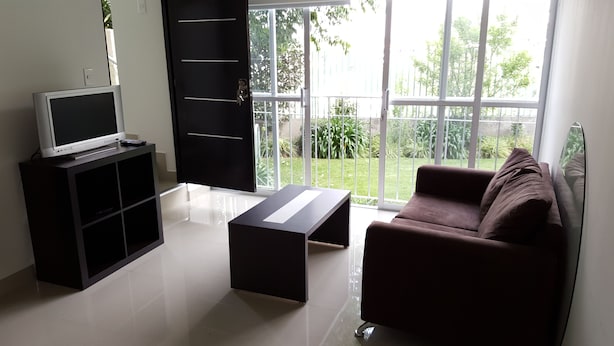 A living room with a flat-screen TV on a black stand, a brown sofa, a black coffee table, and a sliding glass door leading to a garden.