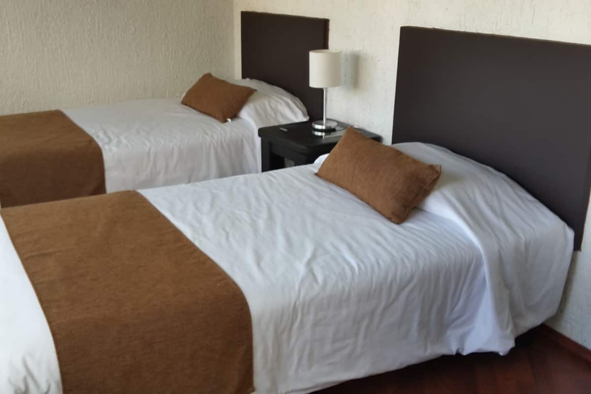 Two single beds with brown headboards and white bedding, a nightstand with a lamp, and a plain wall.