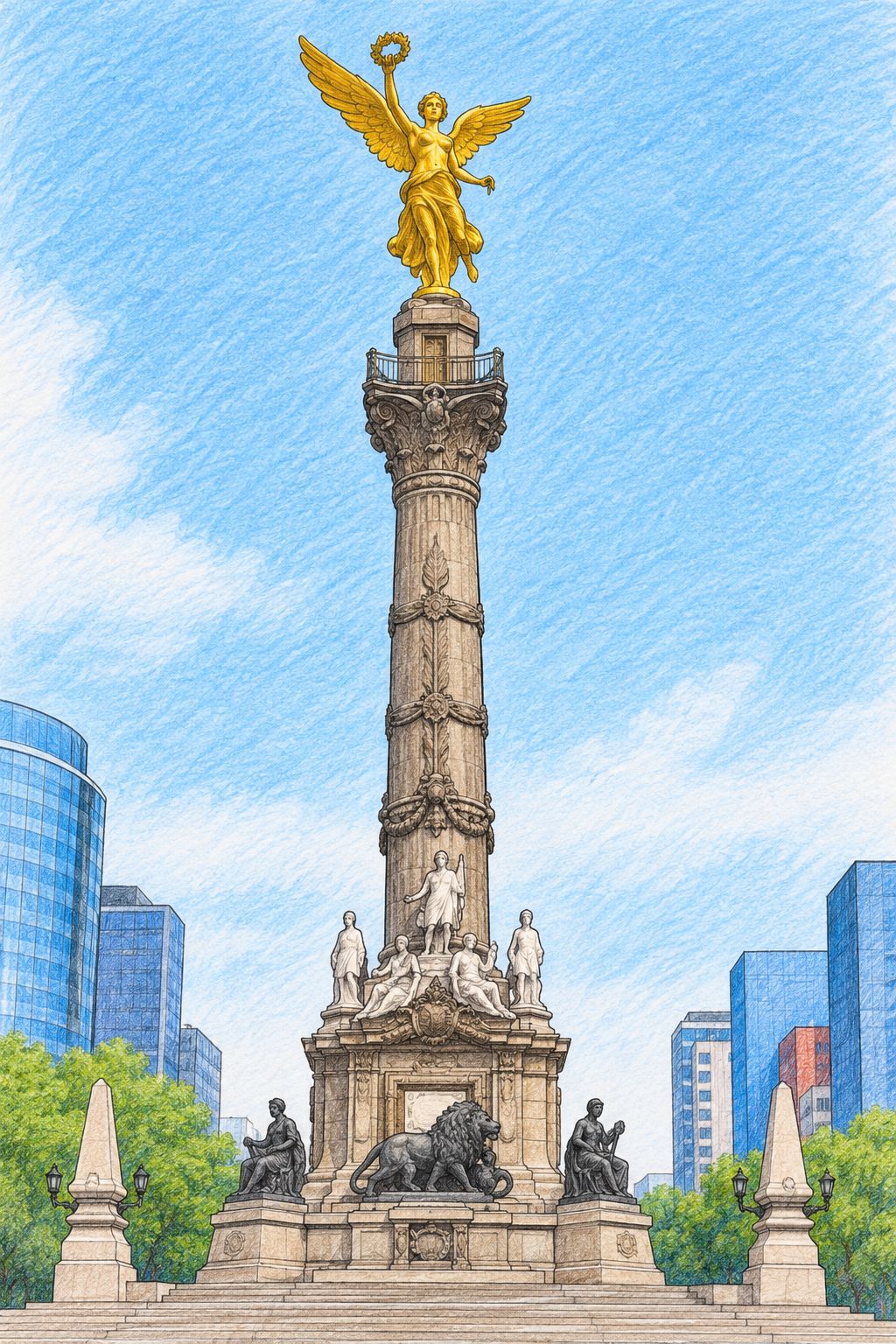 A tall monument with a golden statue on top, surrounded by smaller statues and a base with lion figures.