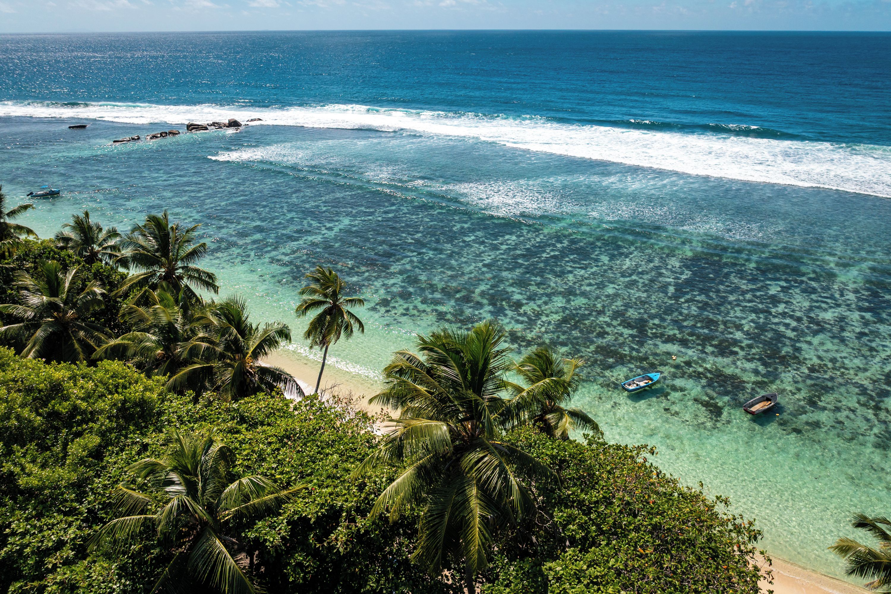 A tropical beach with clear turquoise waters, palm trees, and boats.