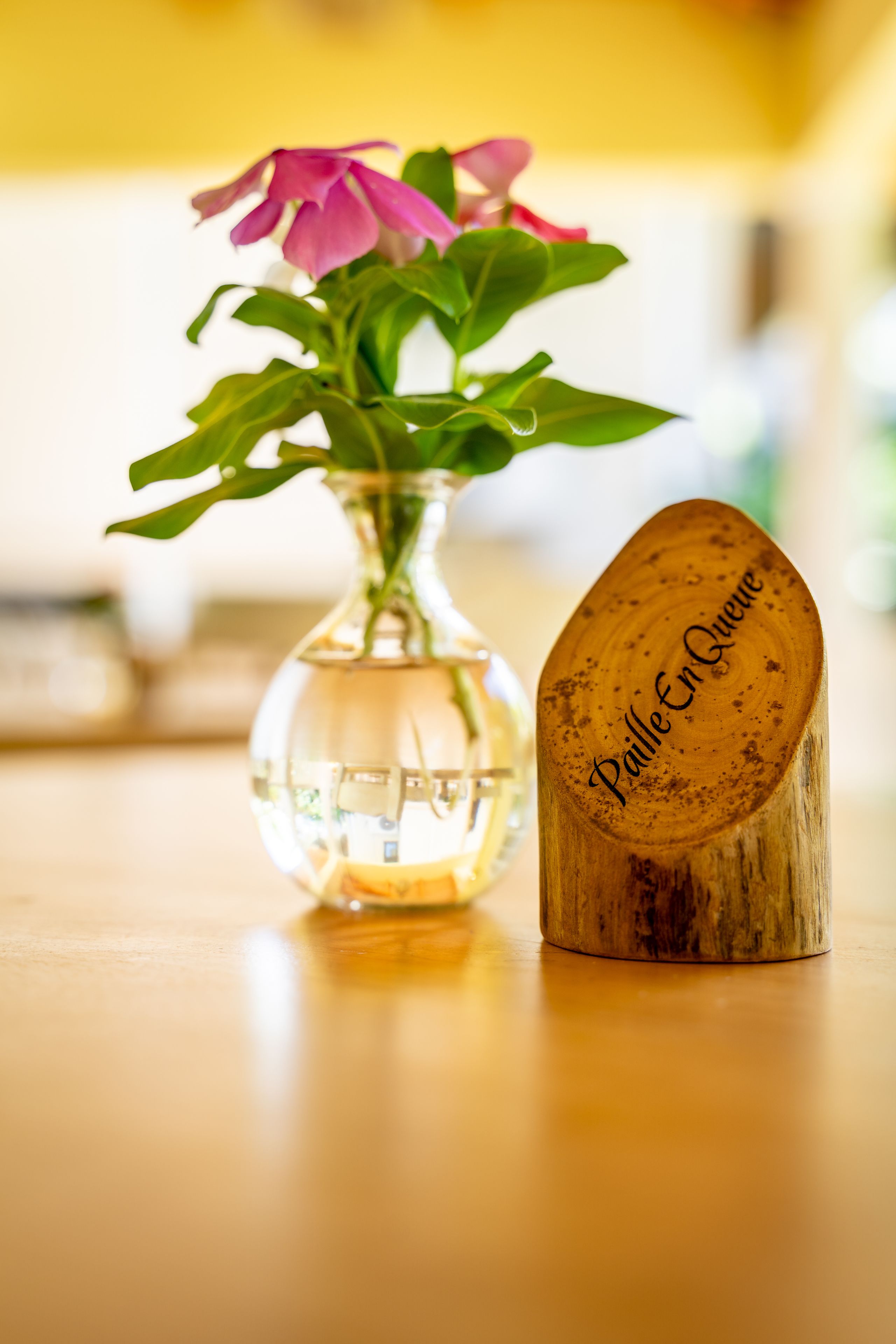 Un objeto de madera con la inscripción "Paile En Queue" y un florero de vidrio transparente con flores rosadas sobre una superficie de madera.