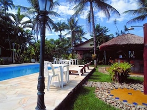 Outdoor pool, pool umbrellas, pool loungers