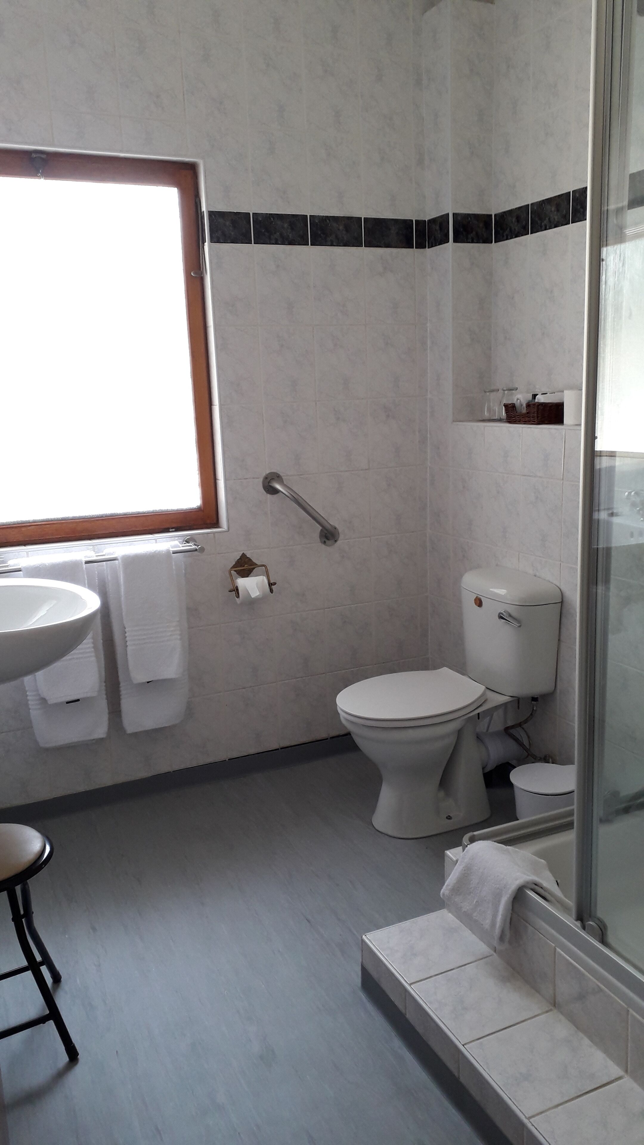 A bathroom with a toilet, sink, and shower area.