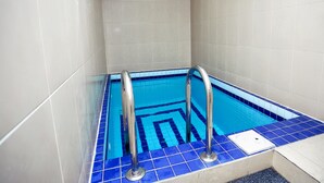 A small, tiled swimming pool with blue tiles and metal handrails. - City Hotel Tien Shan (Almaty)