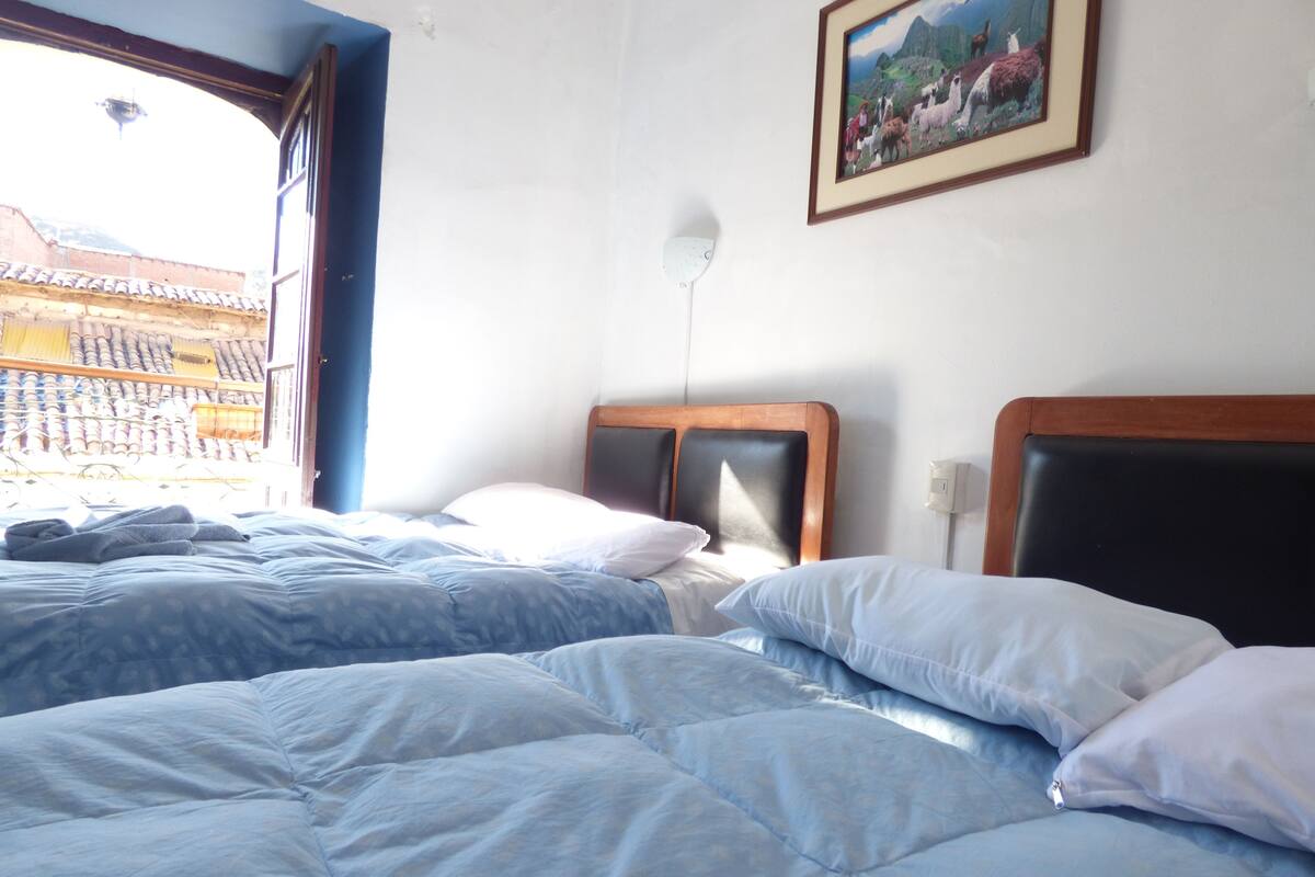 A hotel room with two beds, a painting on the wall, and a view of a building with a tiled roof.