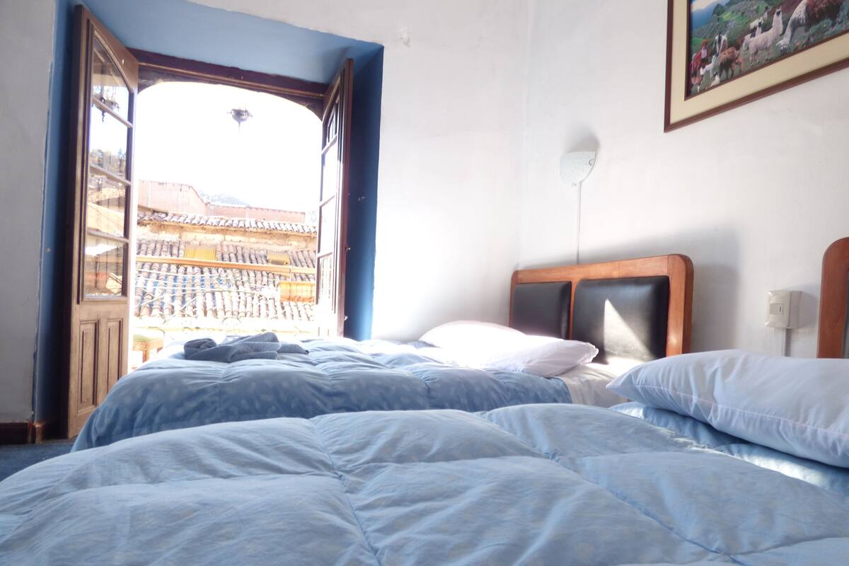 A bedroom with two beds, a window with an open door, a painting on the wall, and a ceiling fan.