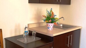 A small kitchenette with a sink, a countertop, and a cabinet. - Hotel & Posada Refugio Independencia (Morelia)