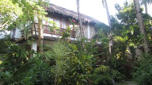 Une maison traditionnelle à toit de chaume, entourée d’une végétation tropicale luxuriante.
